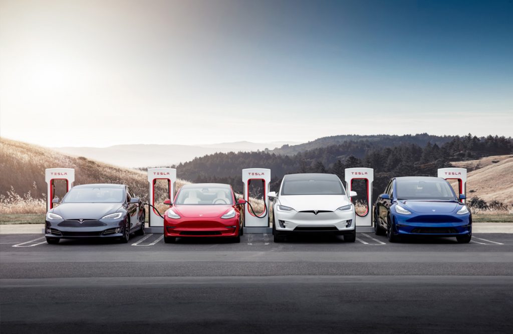GJENGEN: Fire modeller fra Tesla. Modellene S, 3, X, og Y. FOTO: Courtesy of Tesla Inc.